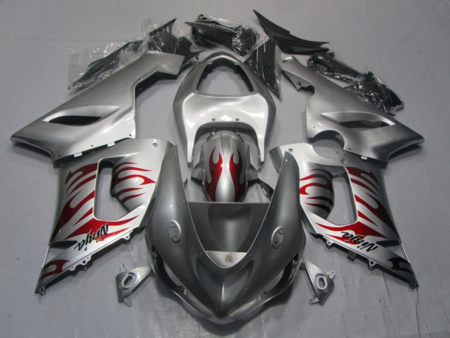 Carénage ZX6R 05-06 - Argent Rouge Flamme Ninja Carénage ZX6R 05-06 - Argent Rouge Flamme Ninja